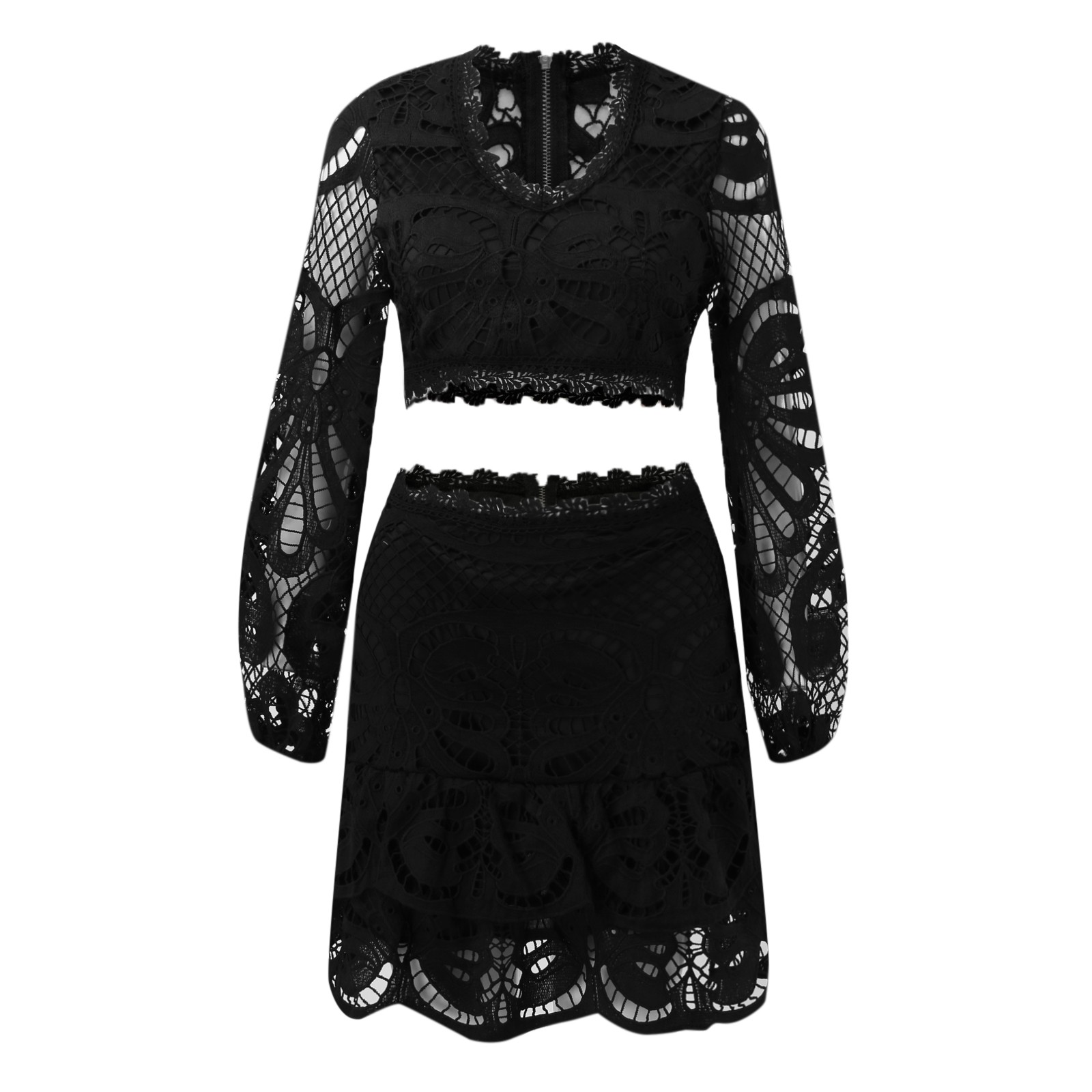 thumbnail image 4 of Conjunto de dos piezas de encaje para mujer: top de manga larga y pantalones cortos, tallas S-XXL, cuello en V, bordado calado, informal/moda, 4 of 5
